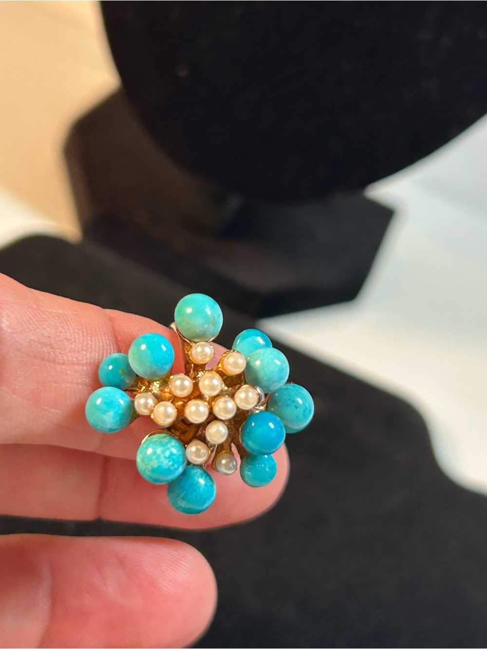 Vintage Turquoise & Pearl Floral Cocktail Ring - Women Costum Jewelry Adjustable